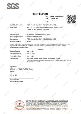 SGS TEST REPORT FOR EN10312 WELDED STAINLESS STEEL TUBES